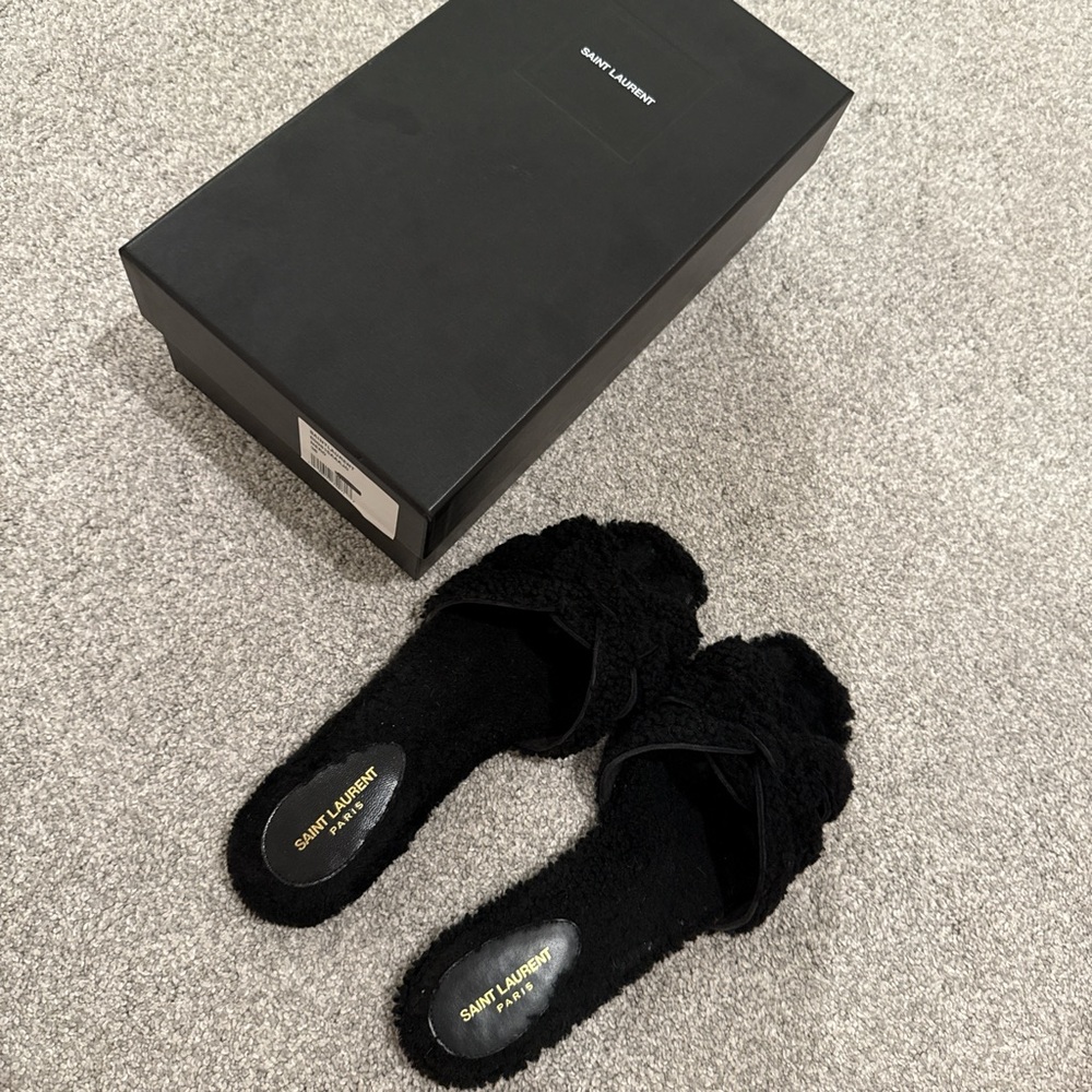 Saint Laurent Black Furry Slide Sandals